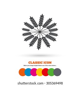 Agricultural sign icon. Wreath of Wheat corn. Gluten free or No gluten symbol. Classic flat icon. Colored circles. Vector
