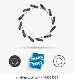Agricultural sign icon. Wreath of Wheat corn. Gluten free or No gluten symbol. Flat icons. Buttons with icons. Thank you ribbon. Vector