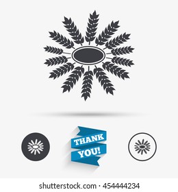 Agricultural sign icon. Wreath of Wheat corn. Gluten free or No gluten symbol. Flat icons. Buttons with icons. Thank you ribbon. Vector