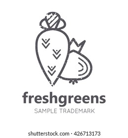Agricultural sign with vegetables in flat linear ethnic style. Monochrome, isolated. Grunge texture