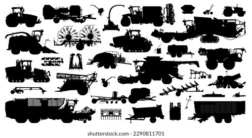 Agricultural silhouette set. Collection of various realistic agri vehicles and equipment. Vector illustration