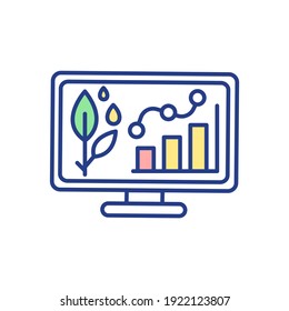 Agricultural statistics RGB color icon. Smart farming technology. Data on computer. Irrigation monitoring. Analytics report for plant cultivation. Digital transformation. Isolated vector illustration