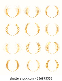 Agricultural symbols isolated on white background. Agriculture grain, organic plant, bread food. Design elements for bread packaging. Set of silhouette circular laurel foliate and wheat wreaths.