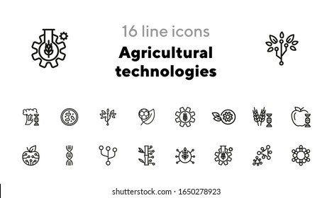 Agricultural technologies line icon set. Biotechnology concept. DNA structure, appe, chemistry. Vector illustration can be used for topics like science, biology, technology