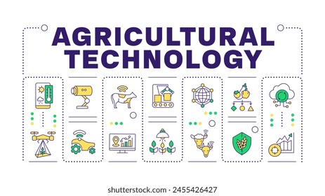 Agricultural technology green word concept isolated on white. Farm technology. Precision planting. Creative illustration banner surrounded by editable line colorful icons. Hubot Sans font used