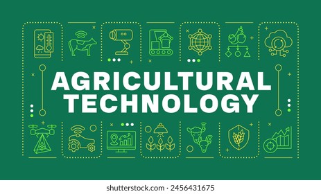 Landwirtschaftliche Technologie grünes Wort Konzept. Landtechnik, intelligente Landwirtschaft. Präzisionspflanzung. Horizontale Vektorgrafik Bild. Überschriftentext umgeben von bearbeitbaren Gliederungssymbolen