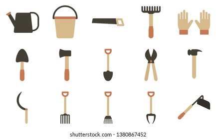 Agricultural tool, hoe, shovel, pitchfork, rake set of icons in flat style, tools for the garden vector illustration