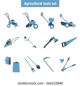 Agricultural tool icons Set 1 blue color flat desing