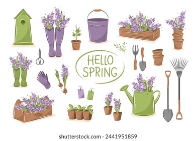 Conjunto de herramientas agrícolas, jardinería, plantas de cultivo. Hola jardín de primavera. Ilustración vectorial aislado en blanco.