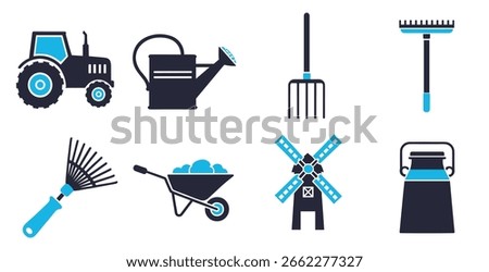 Agricultural tools vector icons set with tractor plow shovel rake hoe and farming equipment symbols