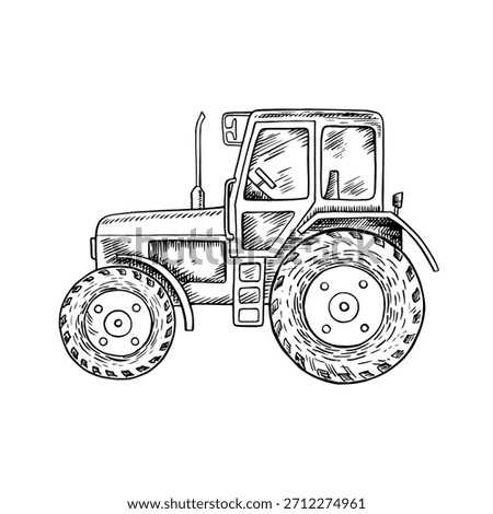 Agricultural tractor. Black and white vector illustration drawn by hand. Concept of agricultural machinery. Element of banner, label, postcard, and more design.