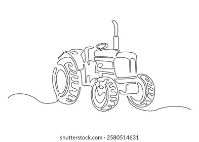 Agricultural tractor in continuous one line drawing. Single line art draw of tractor for farming concept. Editable vector.