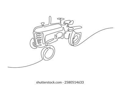 Agricultural tractor in continuous one line drawing. Single line art draw of tractor for farming concept. Editable vector.