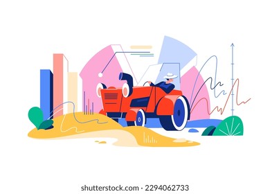 Agricultural tractor with driver is engaged in harvesting, against the background of infographics, vector illustration.