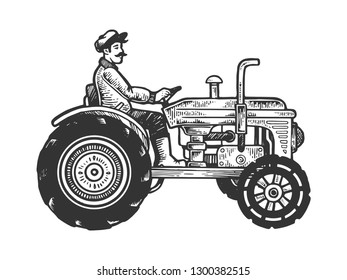 Agricultural tractor engraving vector illustration. Scratch board style imitation. Black and white hand drawn image.