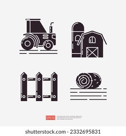 Agricultural tractor, farm barn building, wood fence, rolled hay or grass. Agriculture and farming glyph icon set. Vector Illustration