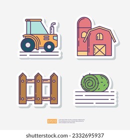 Agricultural tractor, farm barn building, wood fence, rolled hay or grass. Agriculture and farming sticker icon set. Vector Illustration