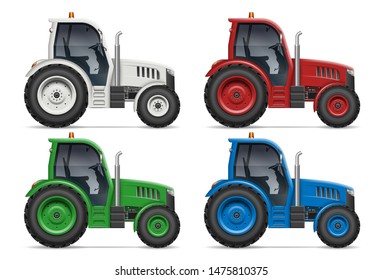 Agricultural tractor icons with side view isolated on white background. All elements in the groups on separate layers for easy editing and recolor