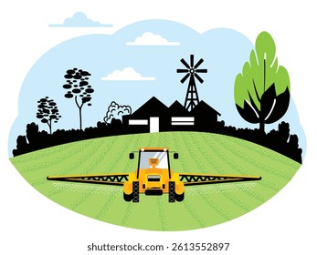 An agricultural tractor irrigating fields. Farm, Village house, rural scenes