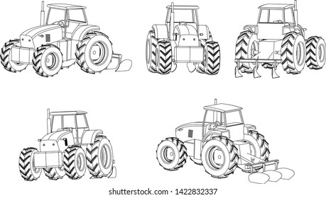 Agricultural tractor isometrics. Vector line illustration.