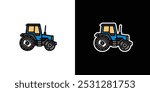 Agricultural tractor on white and black background. Original vector illustration in vintage style. Hand drawn, not AI