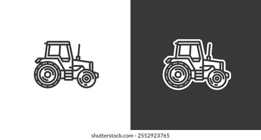 Agricultural tractor on white and black background. Original vector illustration in vintage style. Hand drawn, not AI