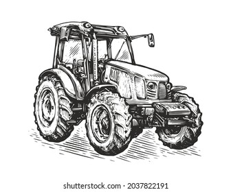 Agricultural tractor sketch. Farming concept vector illustration