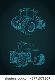 Agricultural tractor technical drawings stylized vector illustration. Heavy farm machinery