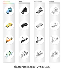 Agricultural tractor, urban transport bicycle, car, children's scooter. Transport set collection icons in cartoon black monochrome outline style vector symbol stock illustration isometric web.