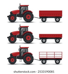 Agricultural tractors with different types of trailers, which emphasizes their functionality and practicality in agricultural use. Tractors isolated on white background