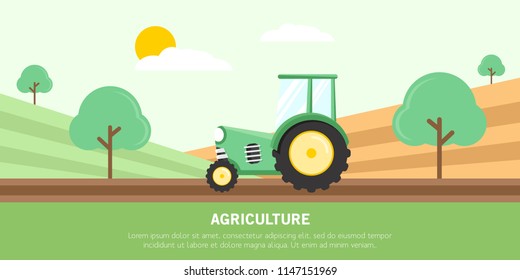 Agricultural tractors, green agricultural, field, rural feel, flat design illustration