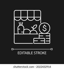 Agricultural trade white linear icon for dark theme. Eco shop consumer. Organic goods, commodities. Thin line customizable illustration. Isolated vector contour symbol for night mode. Editable stroke