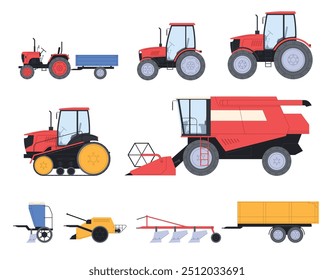 Transportes agrícolas. Máquinas agrícolas para a mobilização das terras de colheita. Tratores e seus reboques. Ilustração vetorial