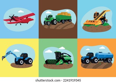 Agricultural transport flat set with harvester plougher excavator biplane on color background isolated vector illustration