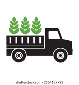 Agricultural Truck Flat Icon, silhouette of a truck vehicle carrying a load of green crops, Harvest.