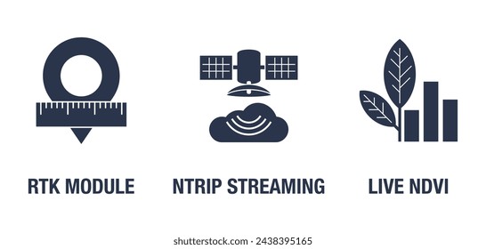 Conjunto de iconos de módulos de seguimiento de drones agrícolas UAV - RTK, NTRIP Streaming, Live NDVI vista. Conjunto de pictogramas monocromos para etiquetado