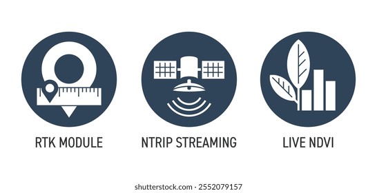 Agricultural UAV drone tracking modules icons set - RTK, NTRIP Streaming, Live NDVI view. Monochrome pictograms set for labeling in circle shape