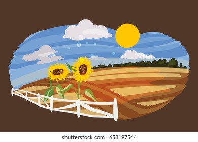 Agricultural vector field (landscape), beautiful sky with sun, road, fence and sunflowers