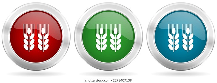 Agricultural vector icon set. Red, blue and green silver metallic web buttons with chrome border.