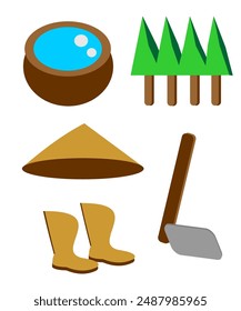 paquete de Vector agrícola, hay azadas, sombreros, barriles de agua, zapatos y árboles