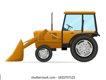 Agricultural vehicle side view. orange tractor, grader with bucket isolated on a white background.