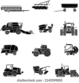 Agricultural vehicles black and white flat icon collection set