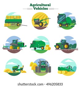 Conceito de veículos agrícolas com cultivo de sementeira e colheita embalagem e transporte de ilustração vetorial isolada de feno