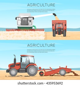 Agricultural vehicles. Farm. Tractor processes the earth. Combine for harvesting. Flat design vector illustration.