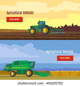 Agricultural vehicles flat banners with fields and farm equipment for plowing and harvesting isolated vector illustration