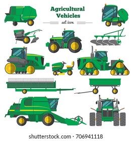 Veículos agrícolas ícones planos conjunto com combinar reboques trator elementos de cultivo e irrigação isolados vetores ilustração