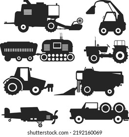 Agricultural vehicles harvester tractor machine combines excavators isolated Vector Silhouettes