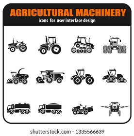 Agricultural vehicles icons set with combine tractor trailers elements of cultivation and irrigation isolated vector illustration