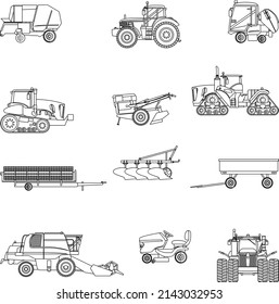 Agricultural vehicles outline flat vector icon collection set