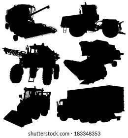 Agricultural vehicles silhouettes set. Vector illustration.